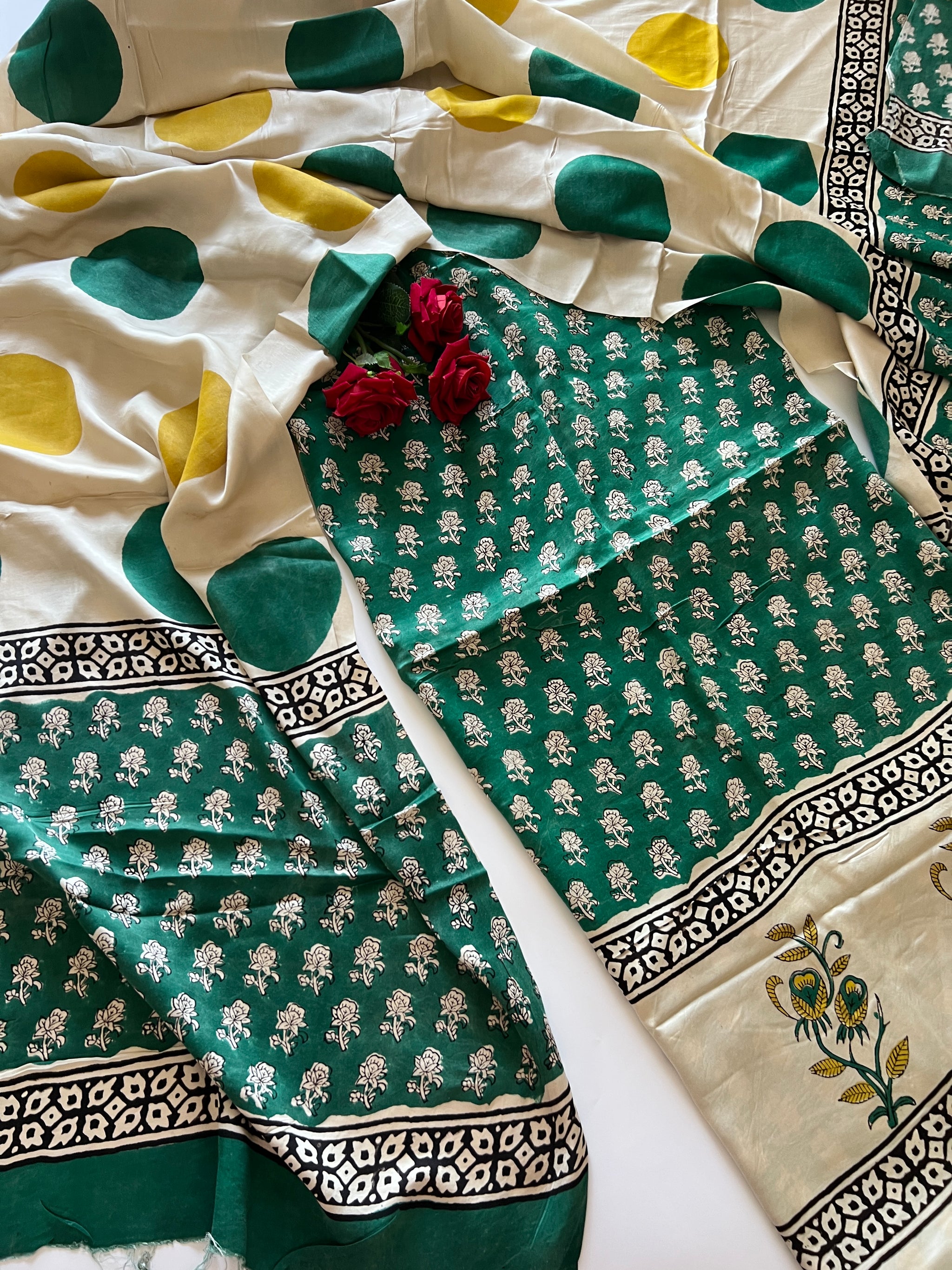 Green Original Handblock Ajrakh print on Modal fabric Unstitched suit set