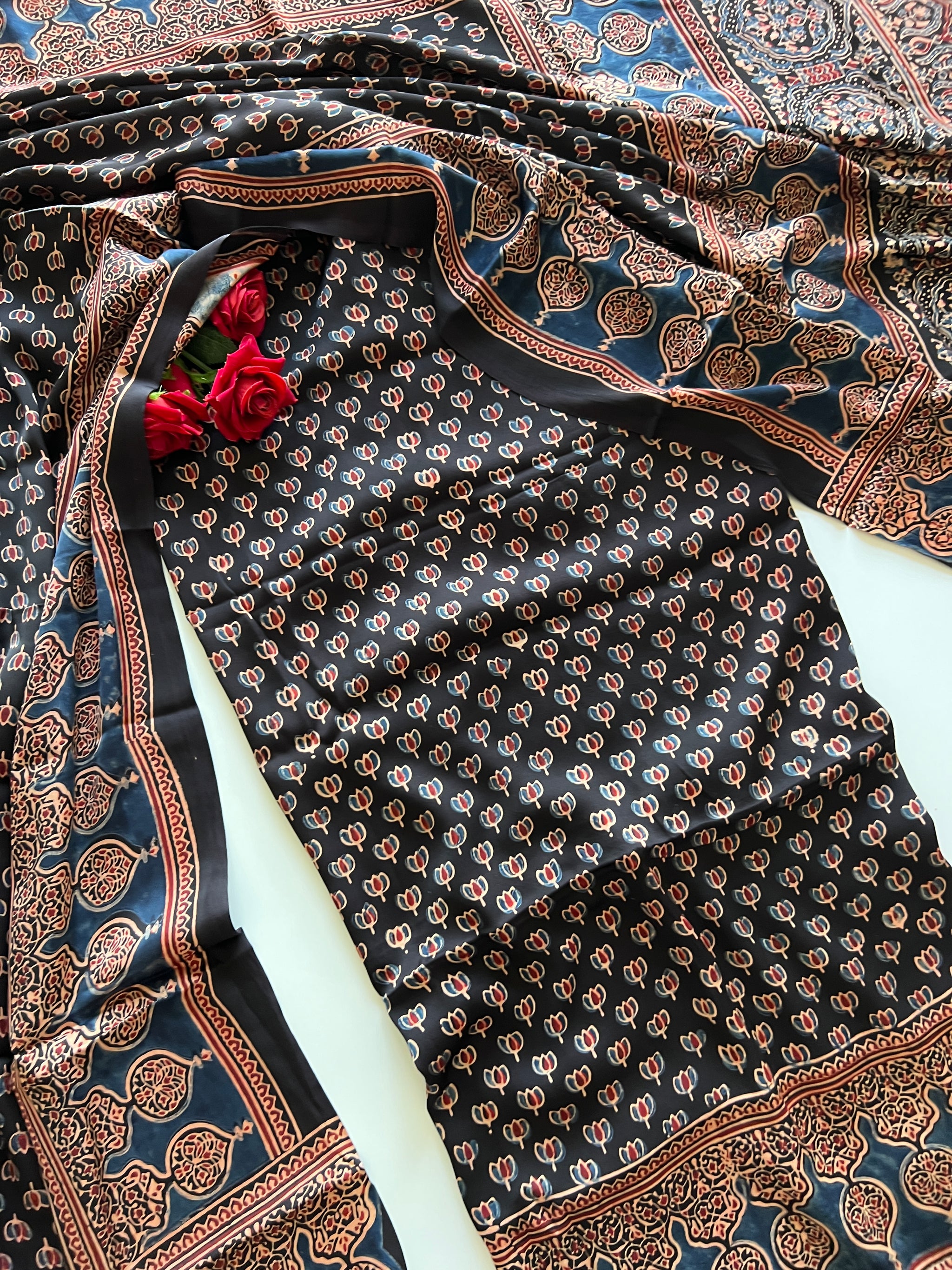 Black Original Handblock Ajrakh print 2 pc fabric Unstitched suit set