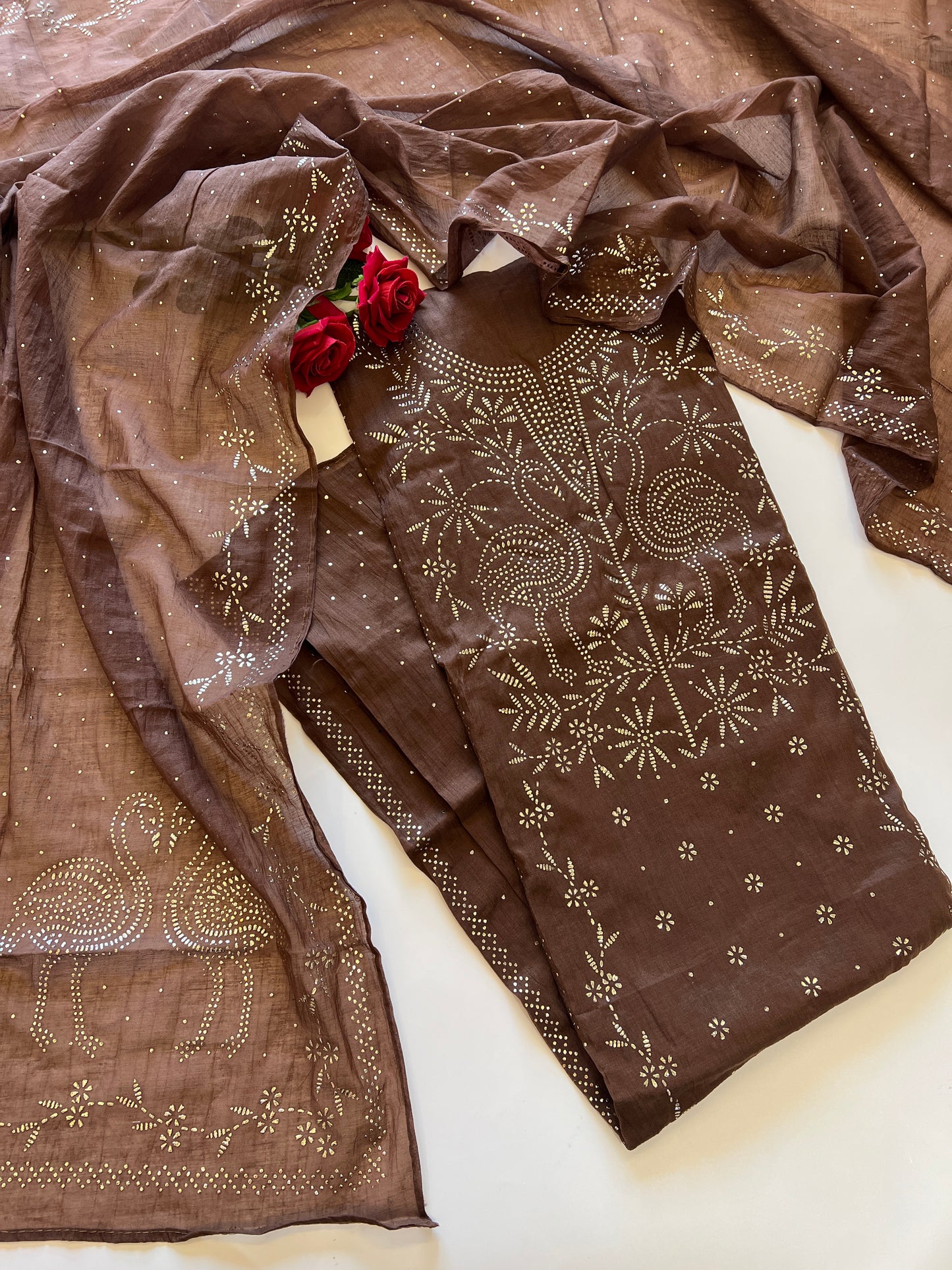 Brown Mul Chanderi dress material with mukaish -Flamingo