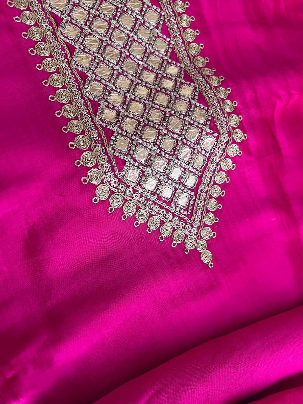 Pink Gajji Silk With gotta work neck Unstitched suit