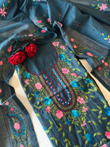 Blue Phulkari embroidery Unstitched suit material