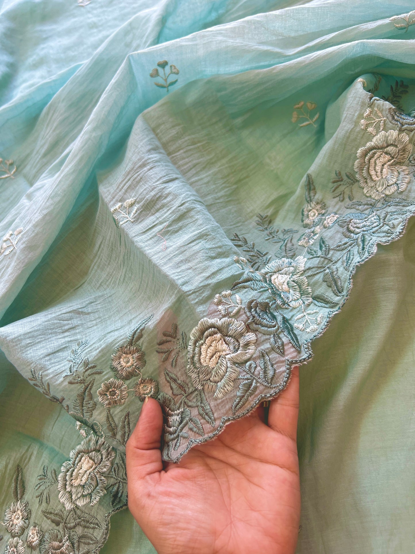 Aqua shade Mul Chanderi Thread embroidered Unstitched Suit