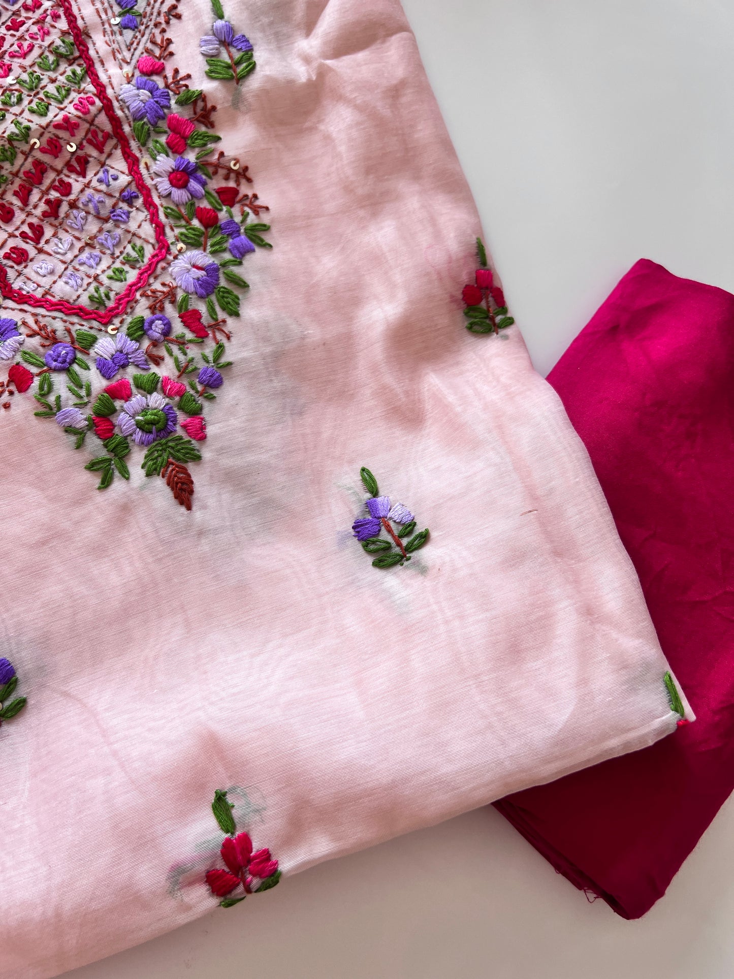 Very light pink knot embroidery Unstitched suit material