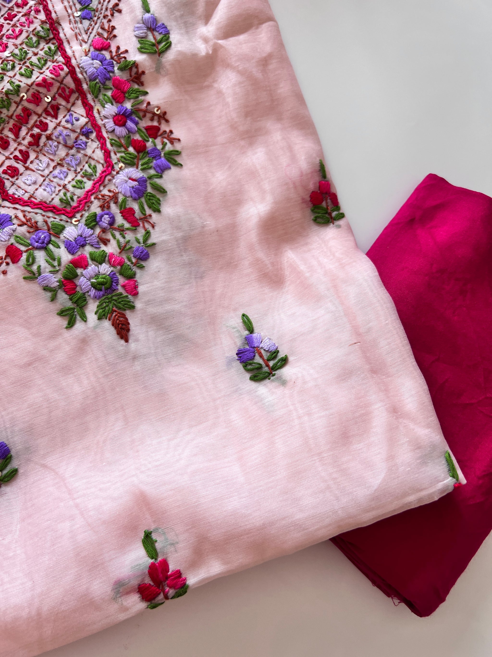 Very light pink knot embroidery Unstitched suit material
