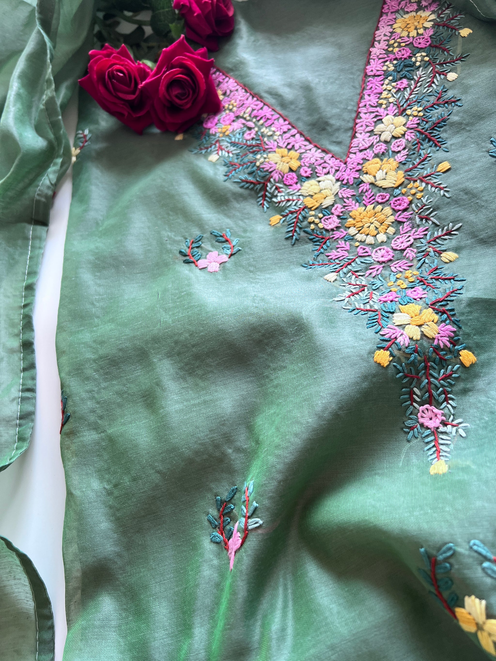 Green Knot embroidery Unstitched suit material 2 pc
