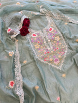 Blue Mul Chanderi Thread embroidered Unstitched Suit
