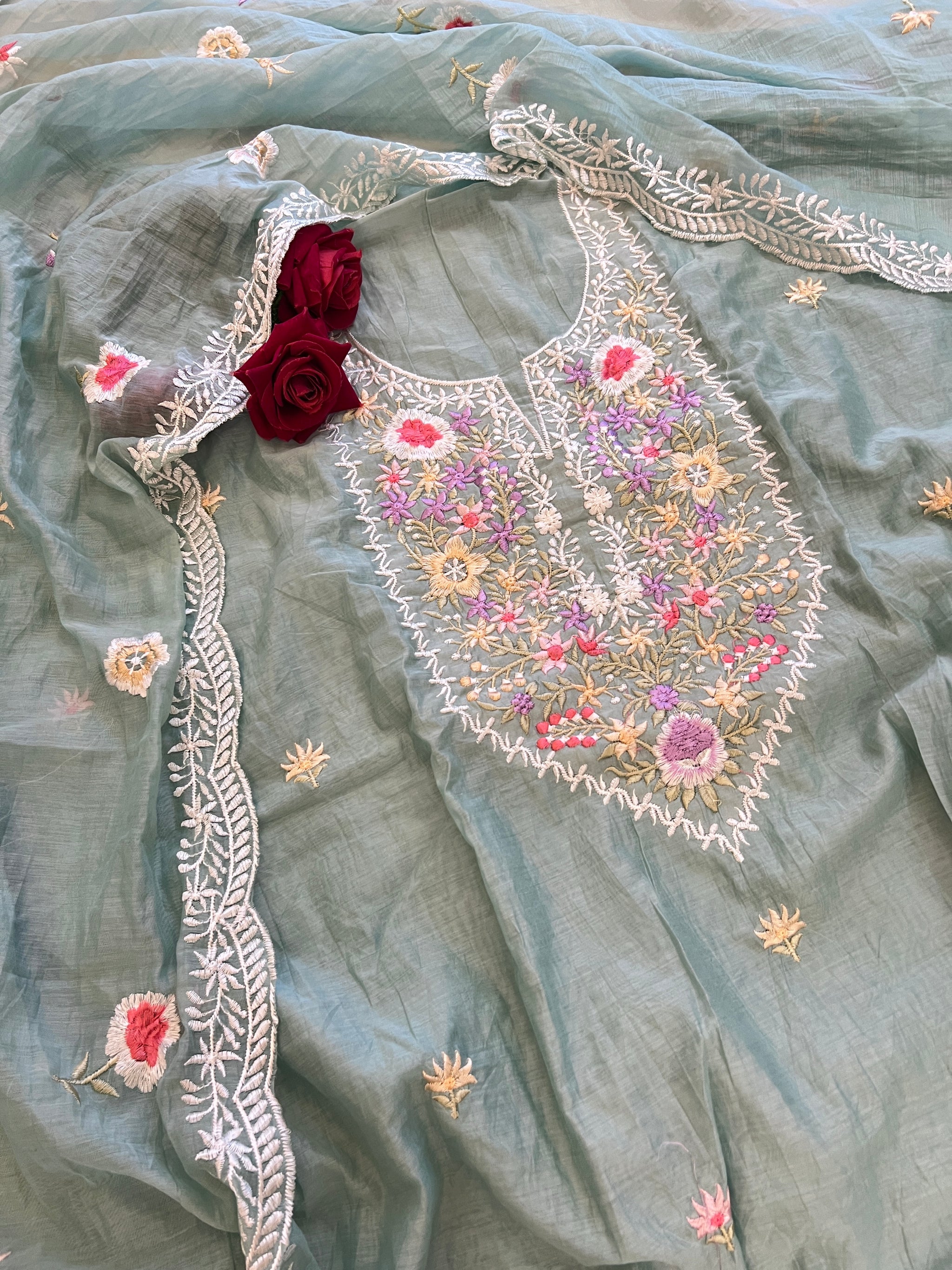 Blue Mul Chanderi Thread embroidered Unstitched Suit