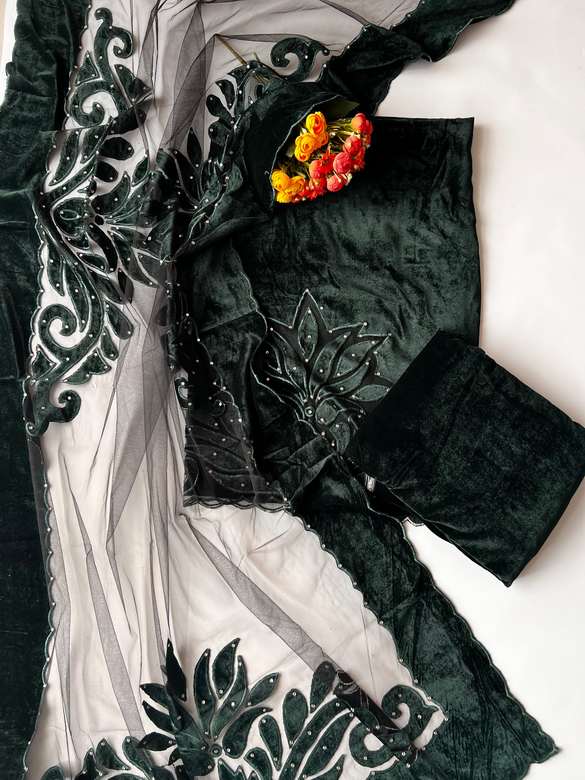Green color Velvet cut work designer party wear unstitched suit set