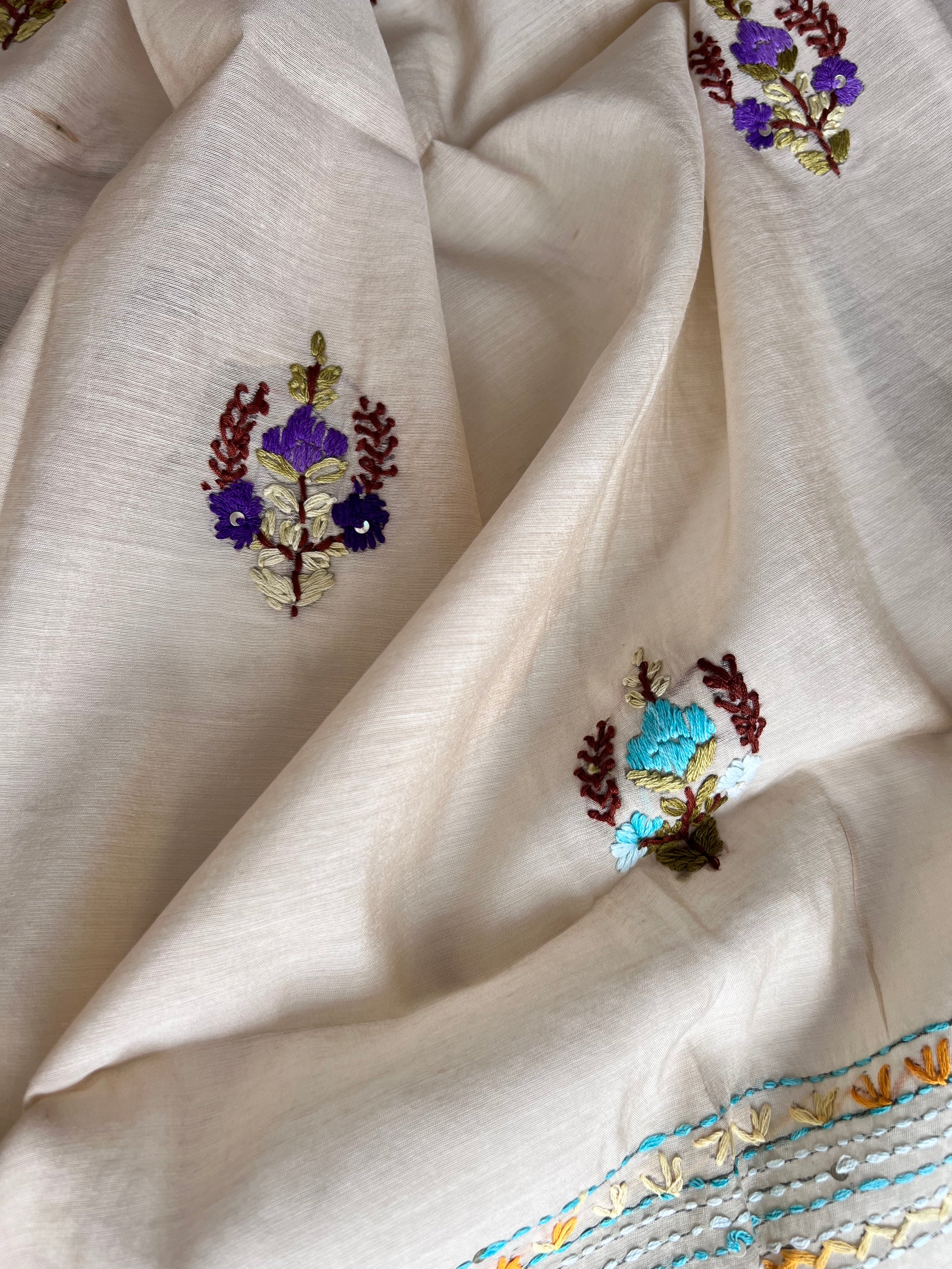 Cream bullion knot embroidery and paint Unstitched suit material