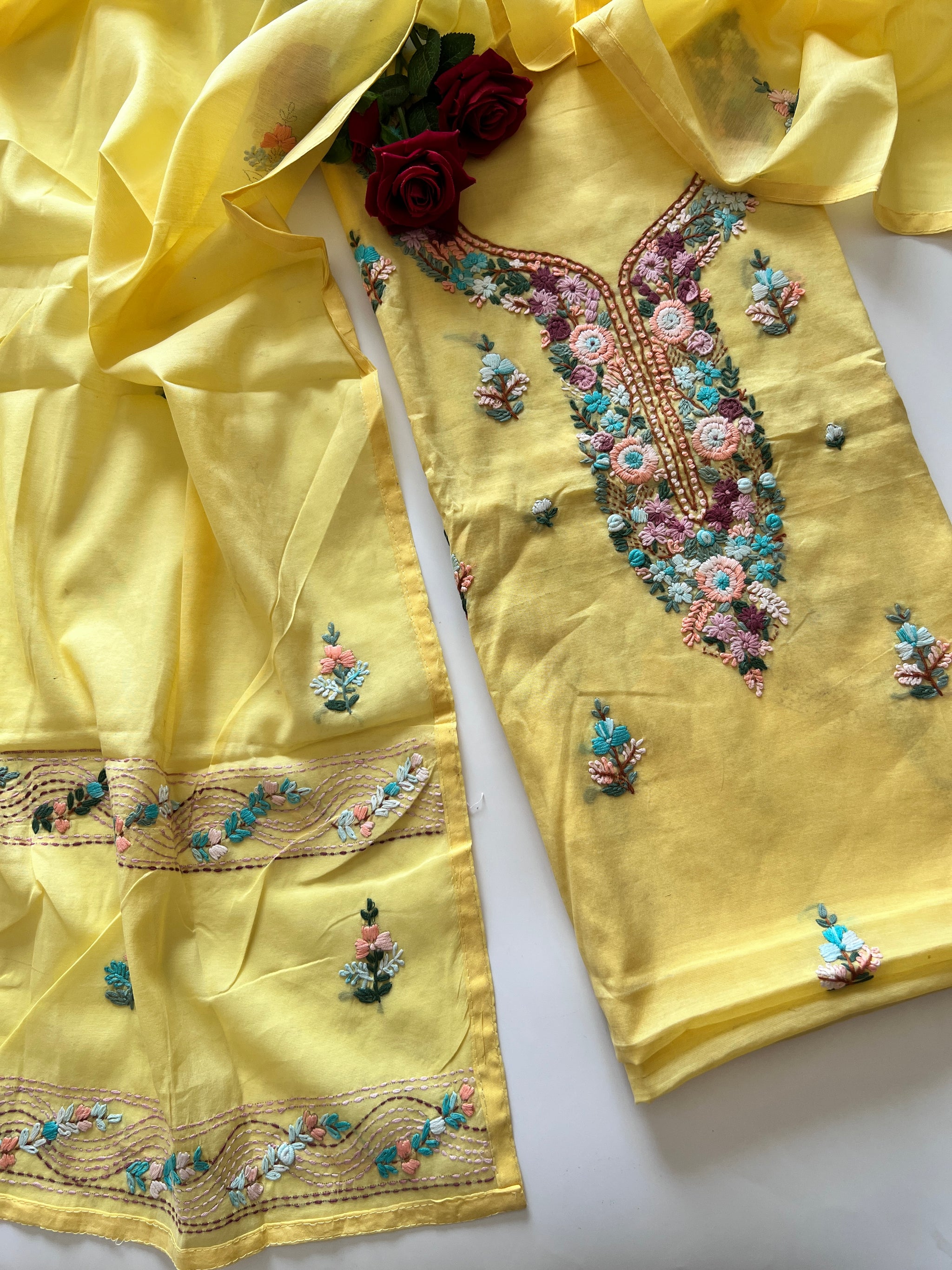 Yellow Knot embroidery Unstitched suit material 2 pc