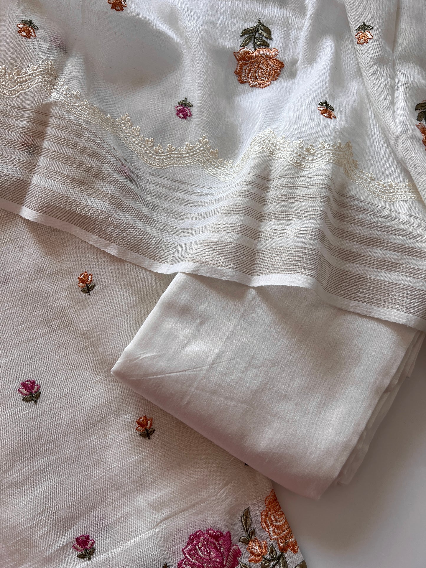Pure Linen White embroidered premium unstitched dress material