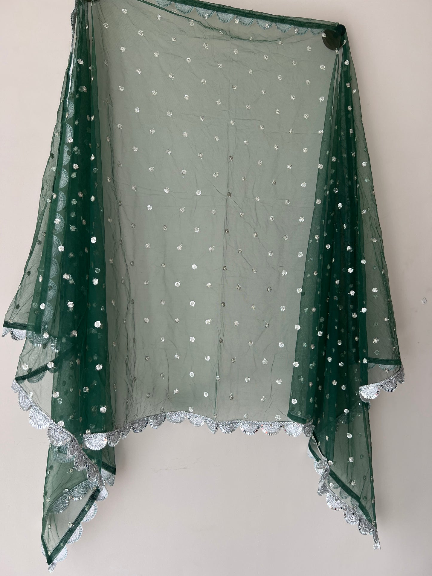 Green Net dupatta with scallop Silver border