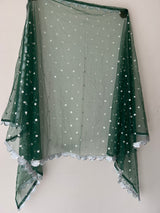 Green Net dupatta with scallop Silver border
