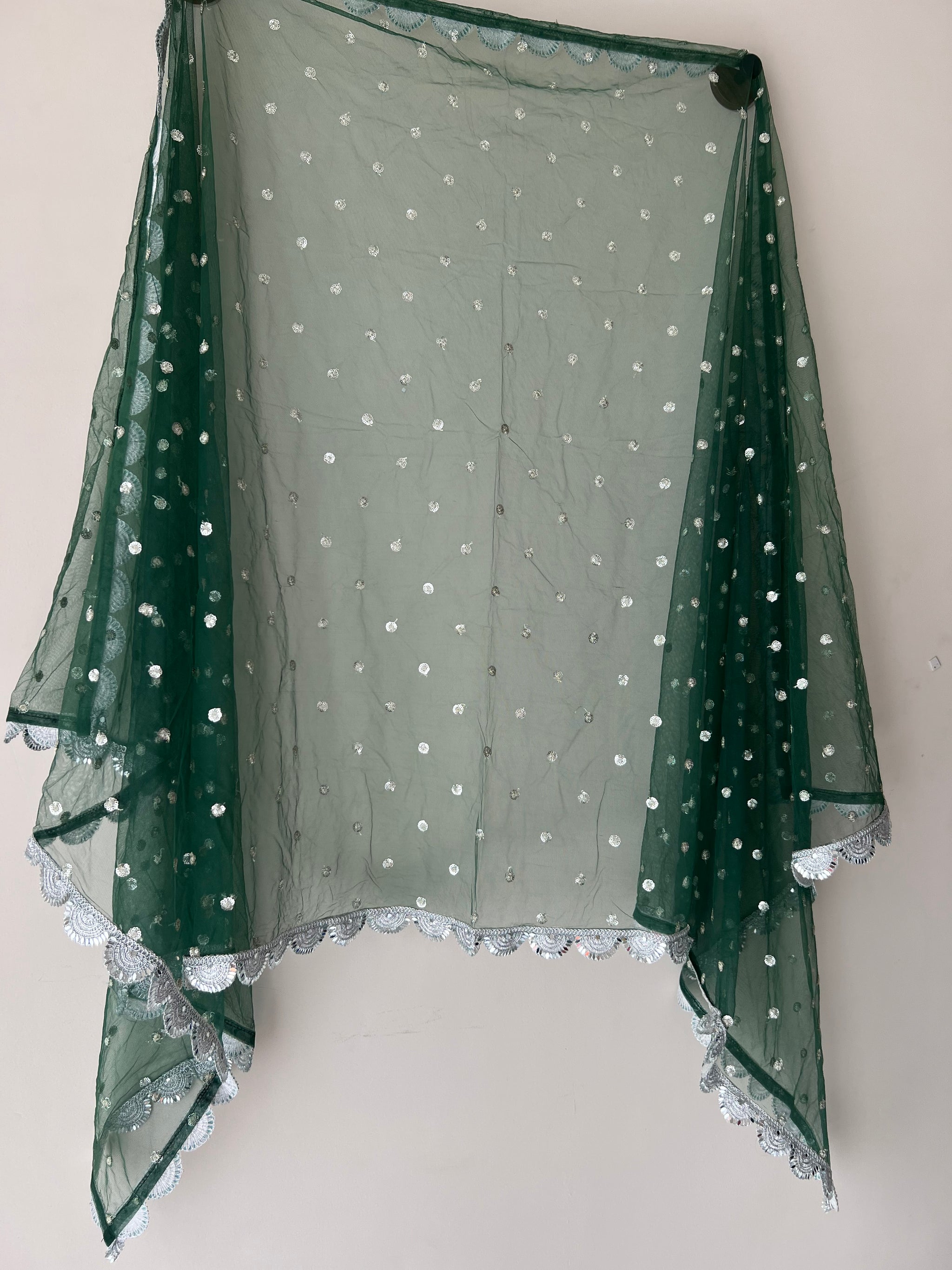 Green Net dupatta with scallop Silver border