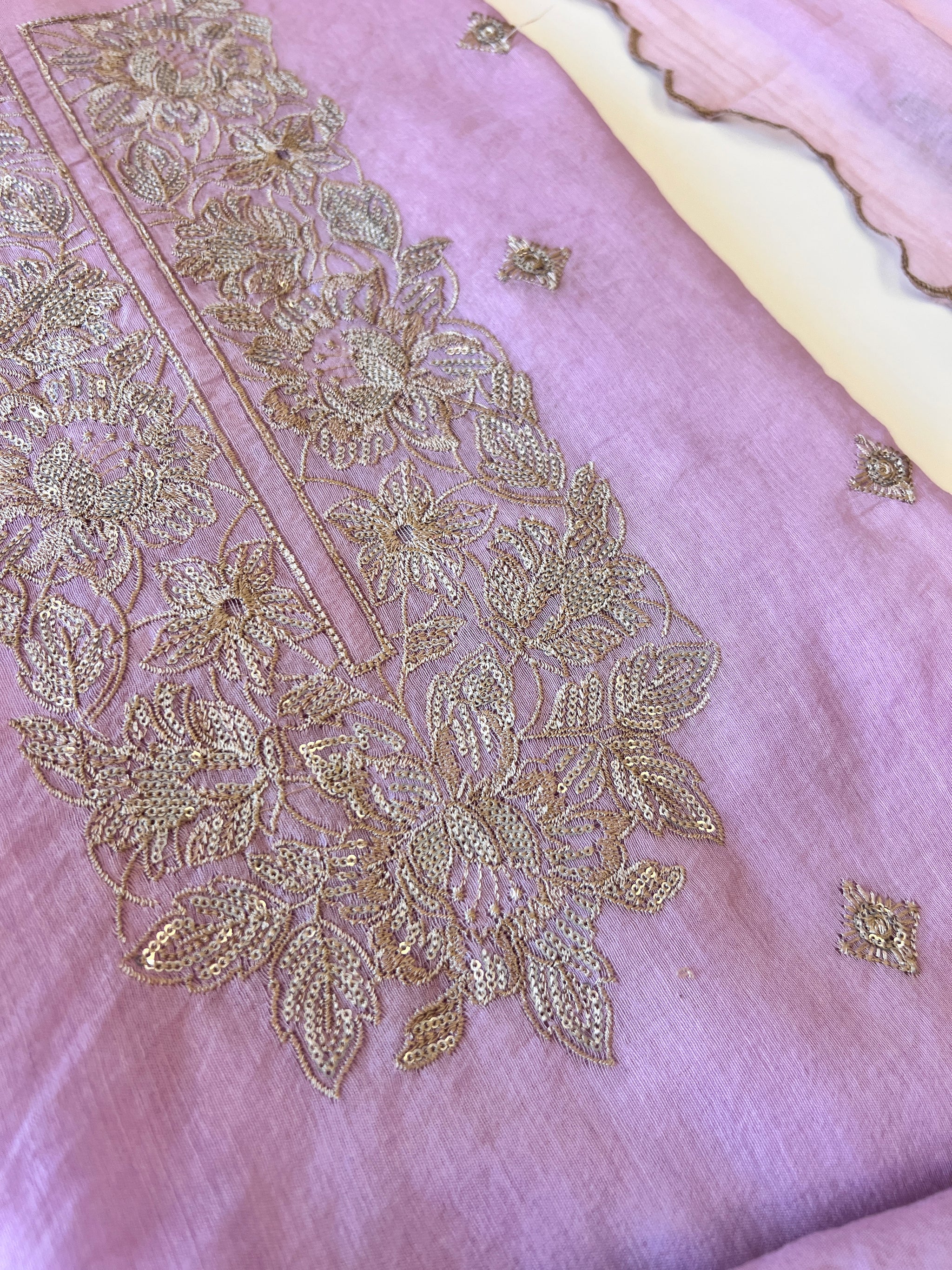 Pastel Purple Mul Chanderi Sequin embroidered Unstitched Suit