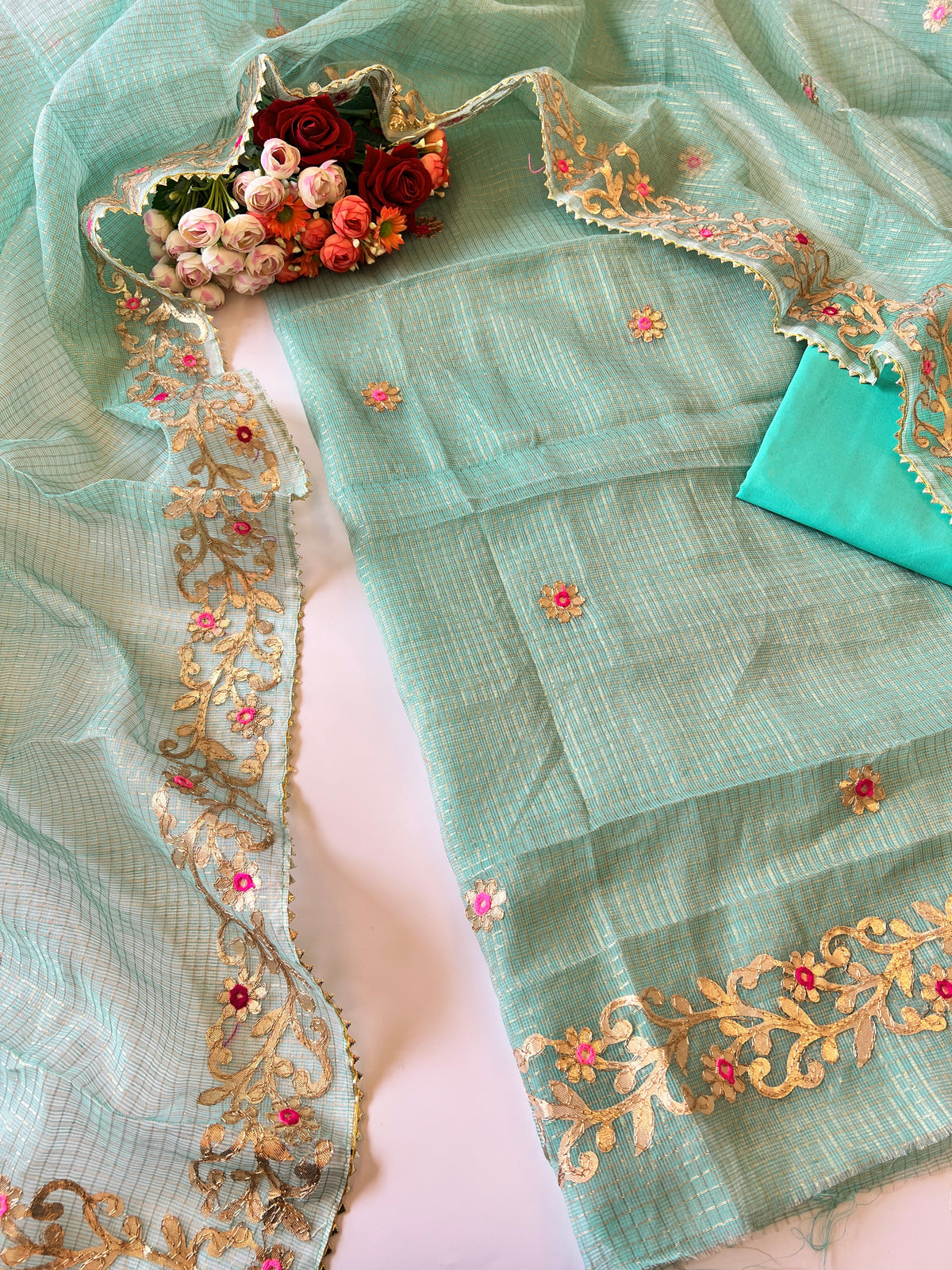 Greenish Kotta with kotta embroidered kurta dupatta set Unstitched