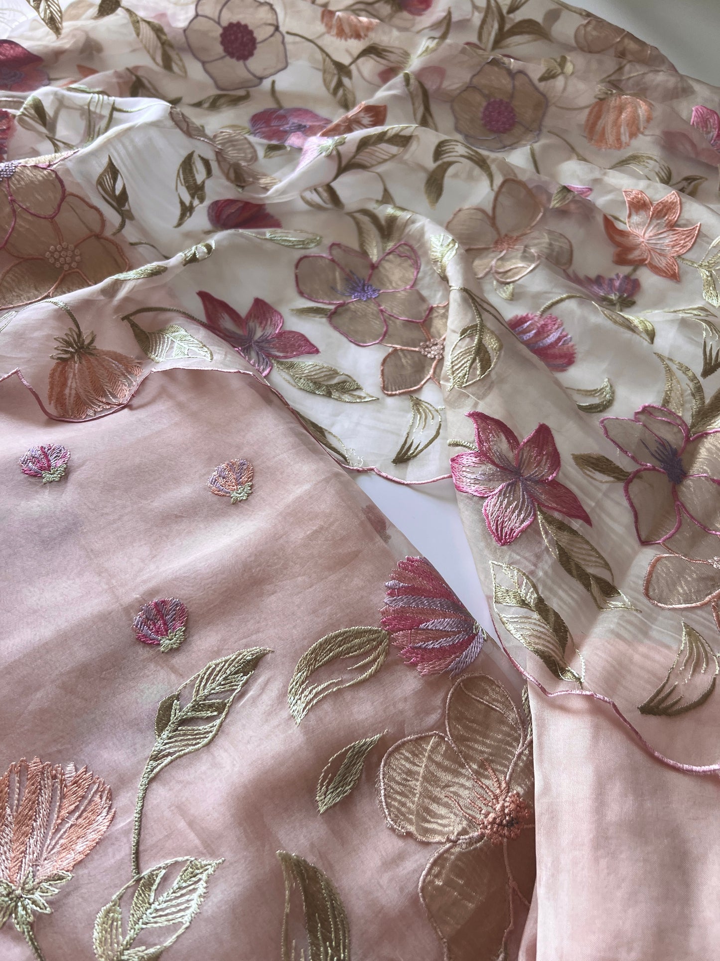 Floral Embroidery on Pure Silk Organza premium unstitched dress material in Pastel Peach