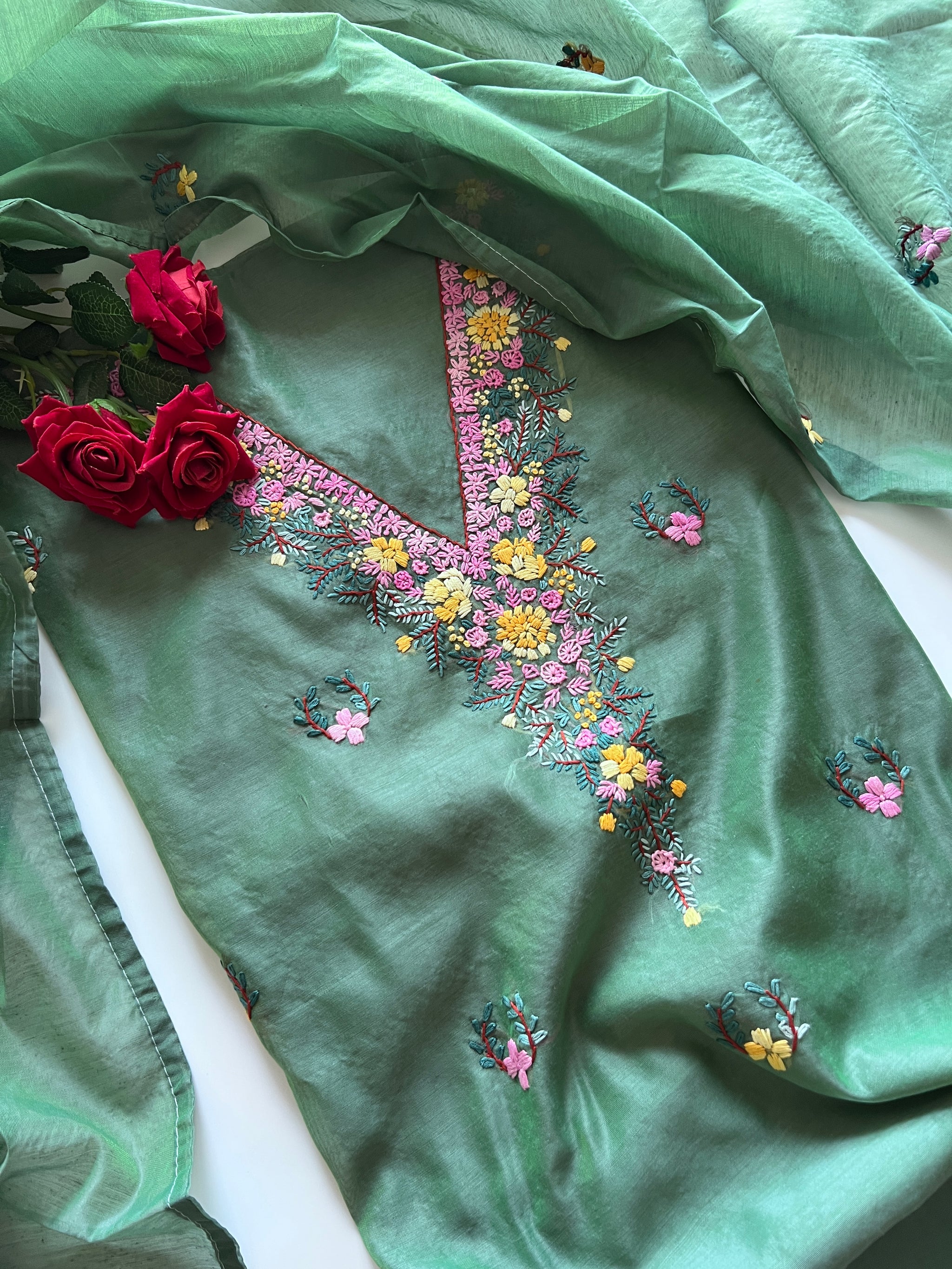 Green Knot embroidery Unstitched suit material 2 pc