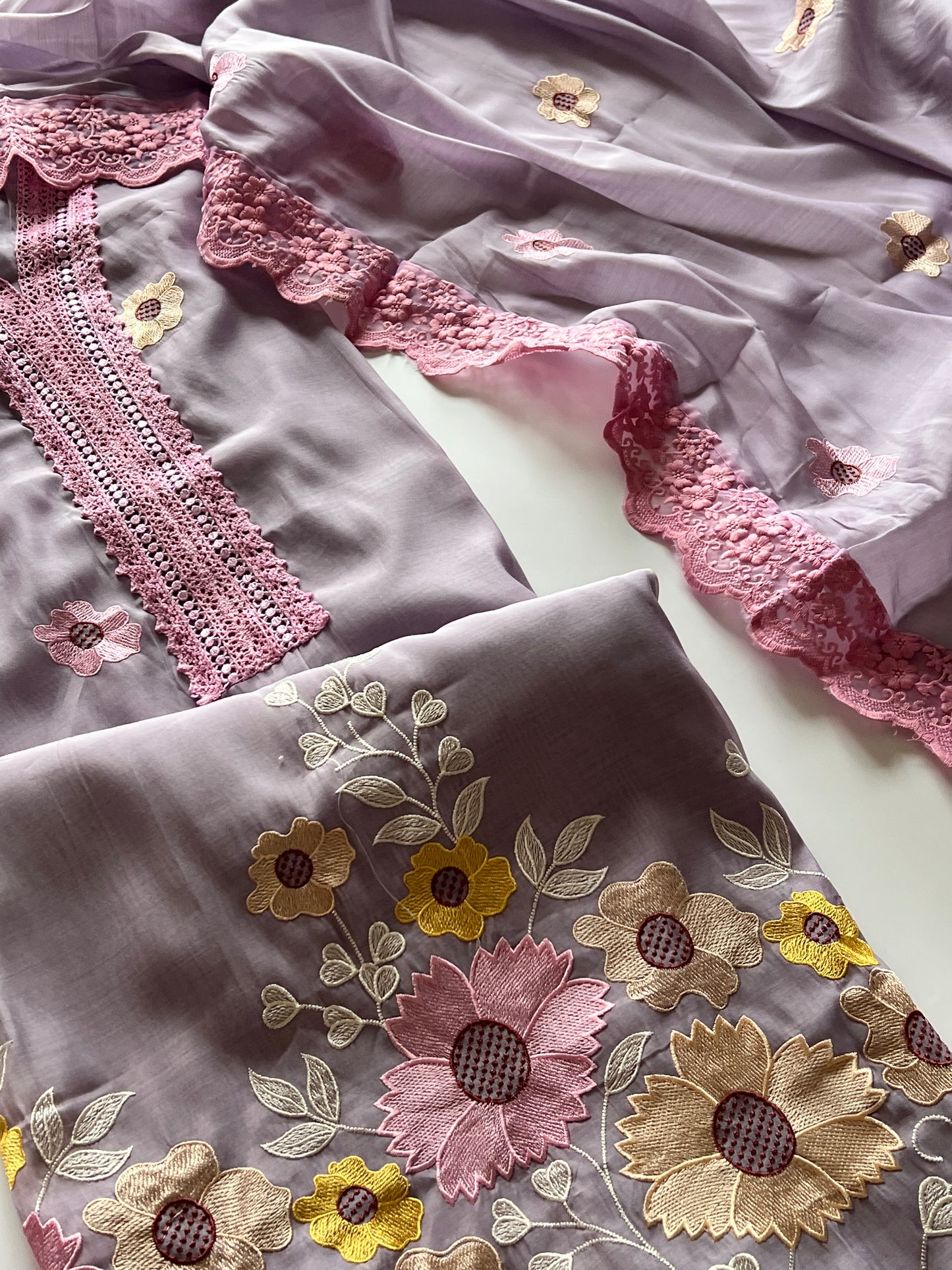 Purple Sunflower Embroidery Mul Masleen Dress material