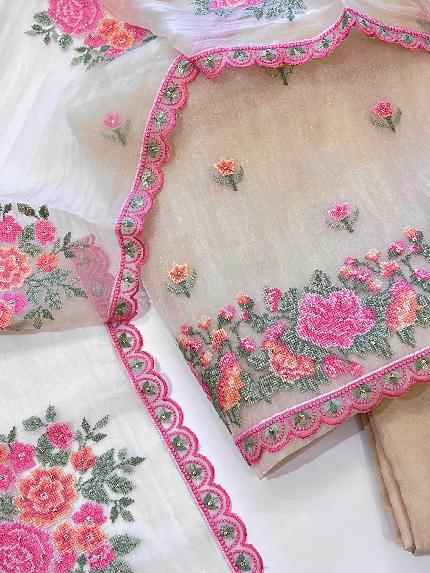 Light Gold Glass tissue with floral cross stitch embroidery dress material