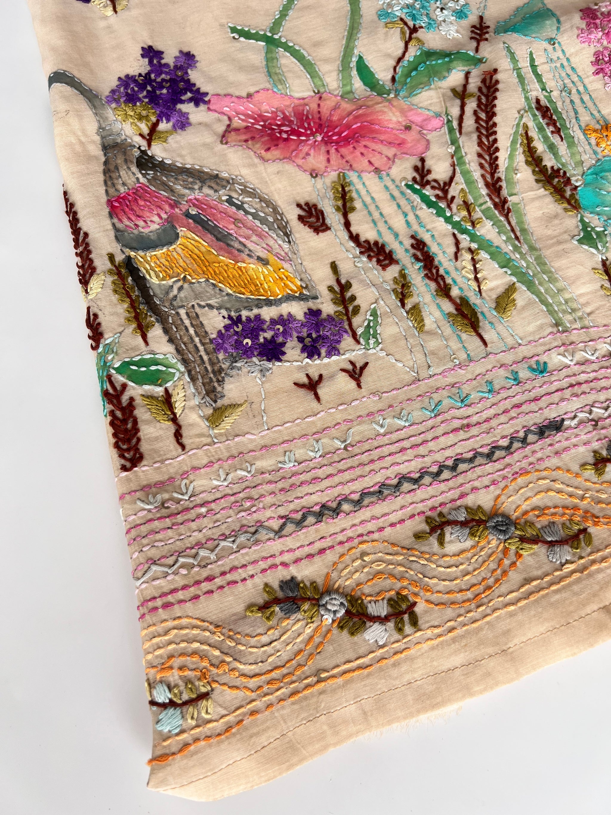 Cream bullion knot embroidery and paint Unstitched suit material