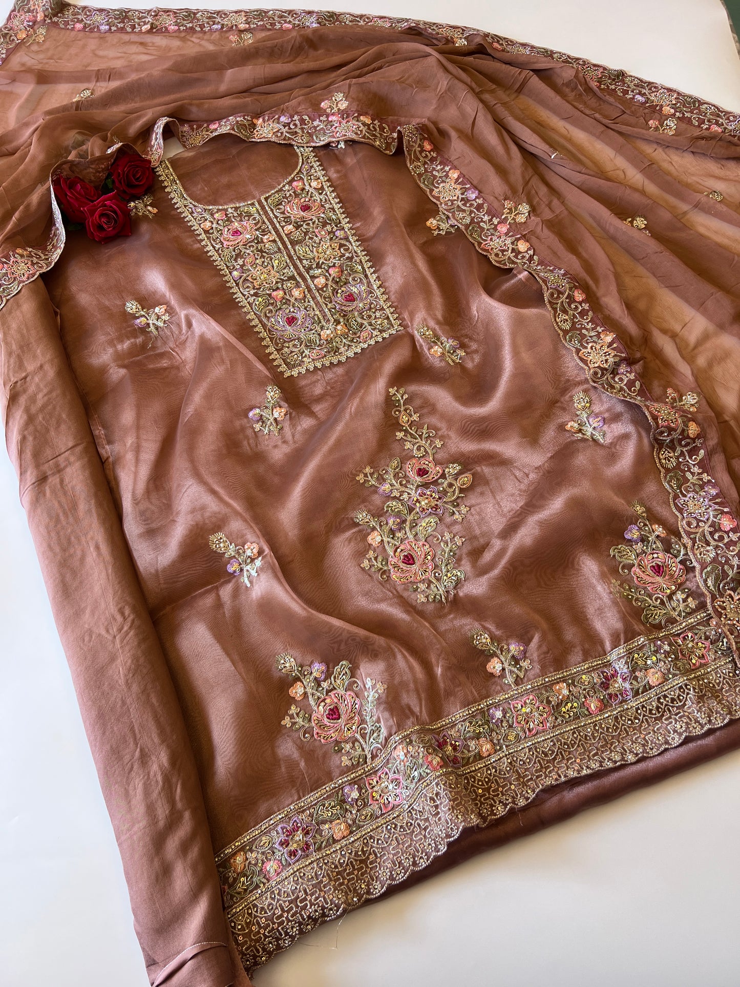 Brown Tissue partywear embroidered suit set unstitched