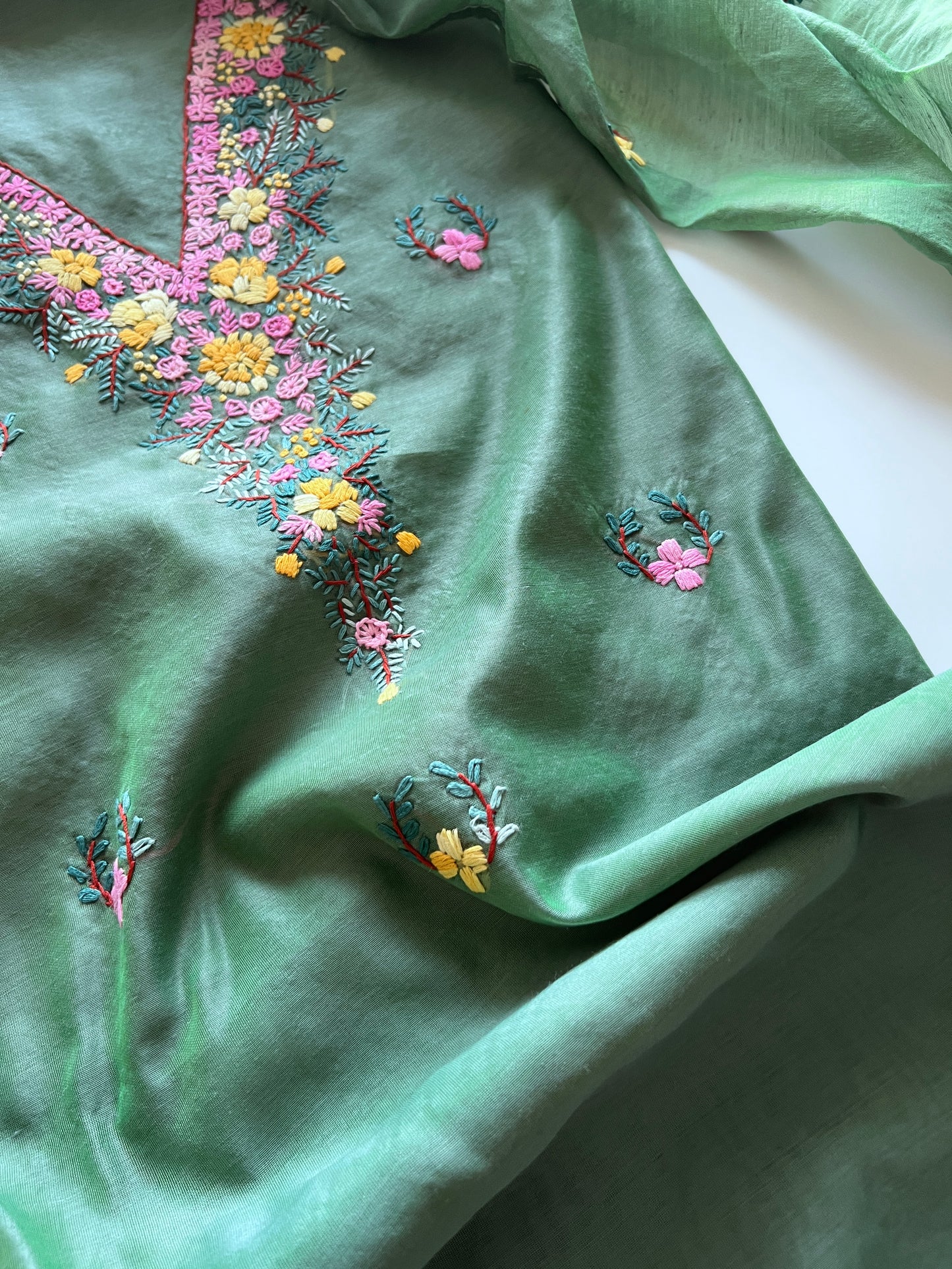 Green Knot embroidery Unstitched suit material 2 pc
