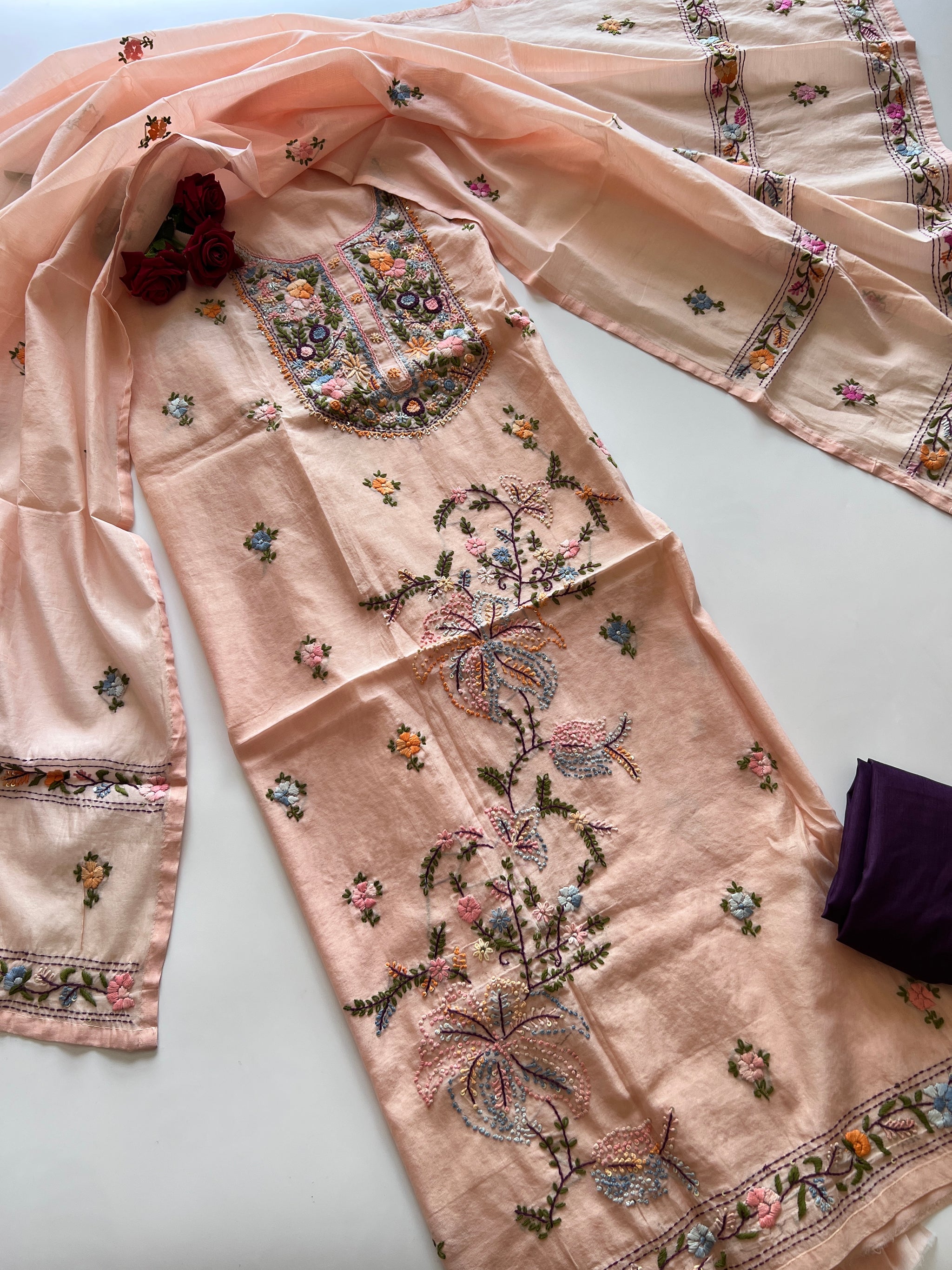 Peach Knot embroidery Unstitched suit material