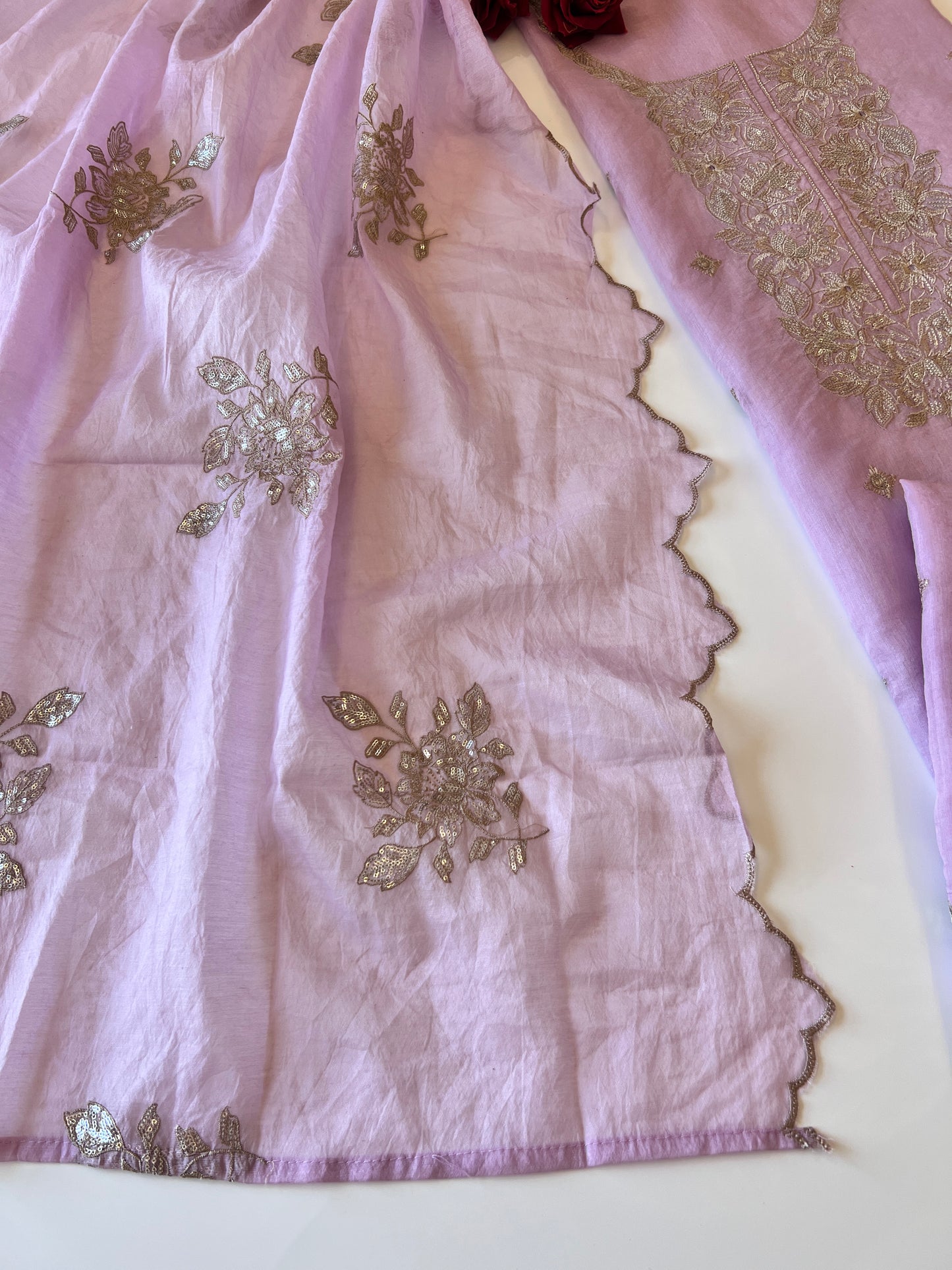 Pastel Purple Mul Chanderi Sequin embroidered Unstitched Suit