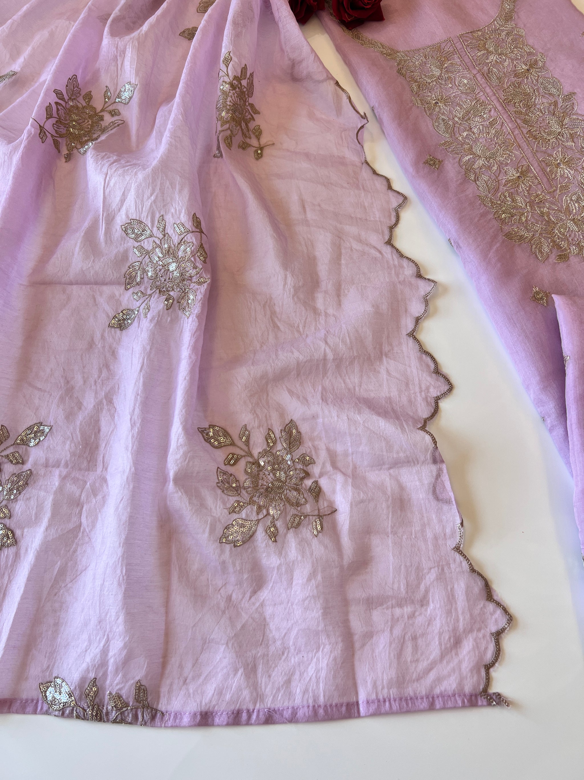 Pastel Purple Mul Chanderi Sequin embroidered Unstitched Suit