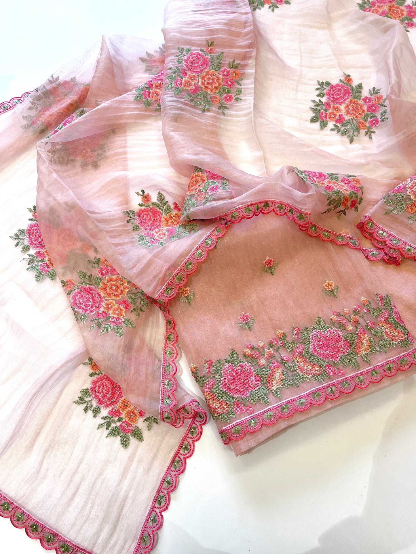 Peach Glass tissue with floral cross stitch embroidery dress material