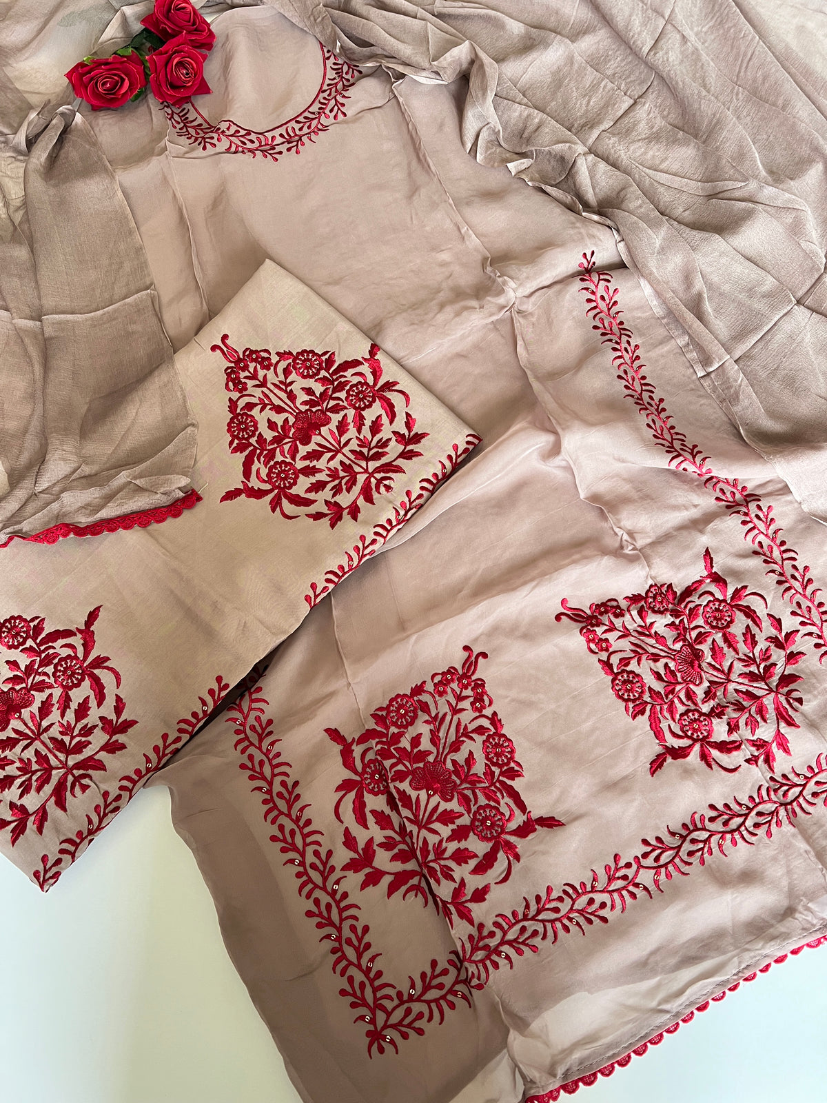 Laal Dhaga Unstitched suit on Mouse color with Salwar embroidery
