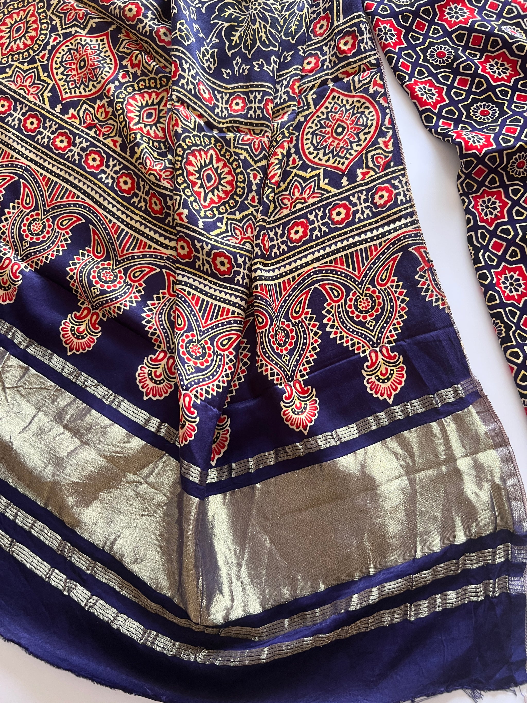 Blue Ajrakh Handblock print 3 pc fabric Unstitched suit set
