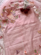Pink 3D Embroidery on semi Organza premium unstitched dress material with floral work