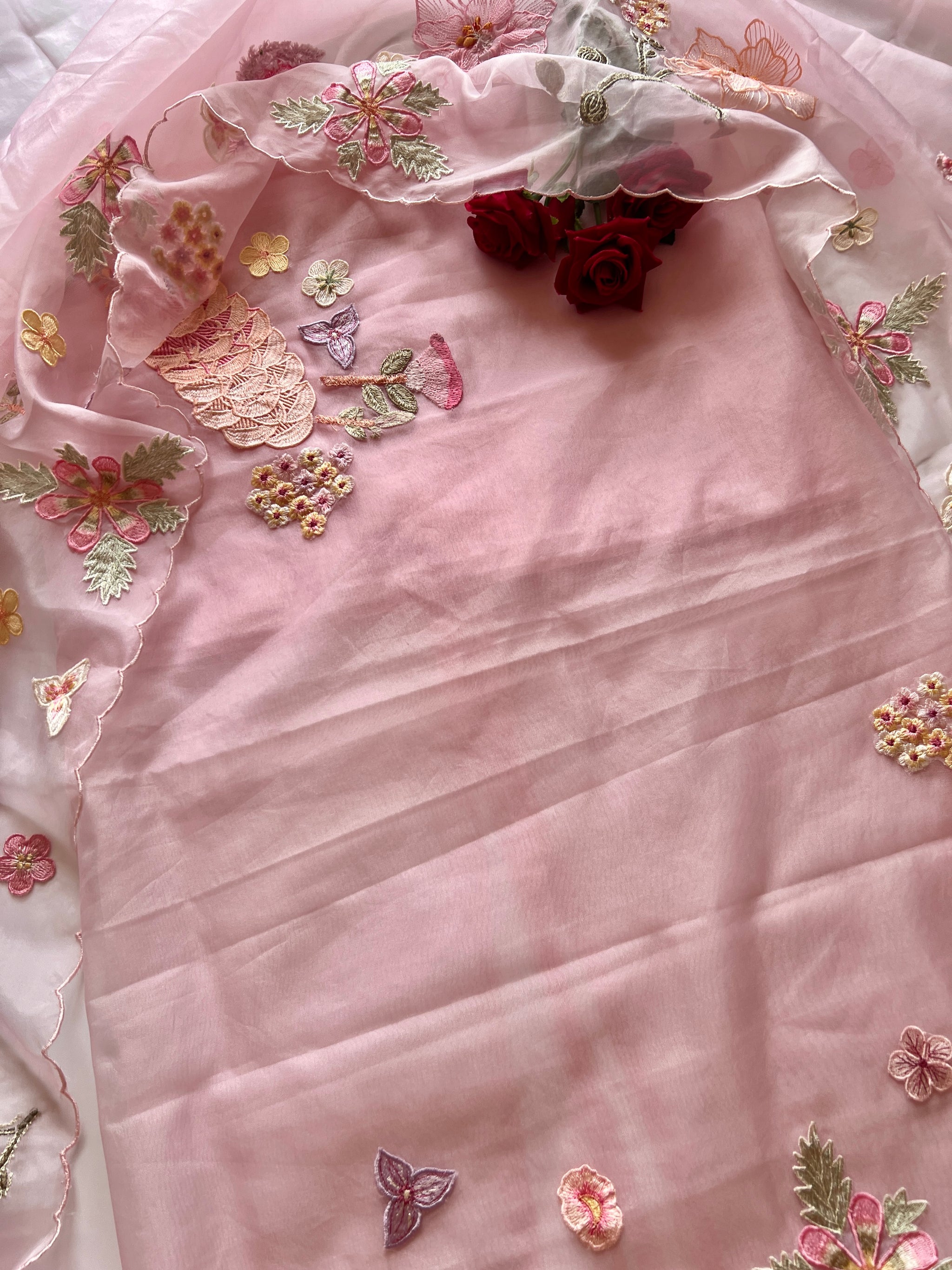 Pink 3D Embroidery on semi Organza premium unstitched dress material with floral work