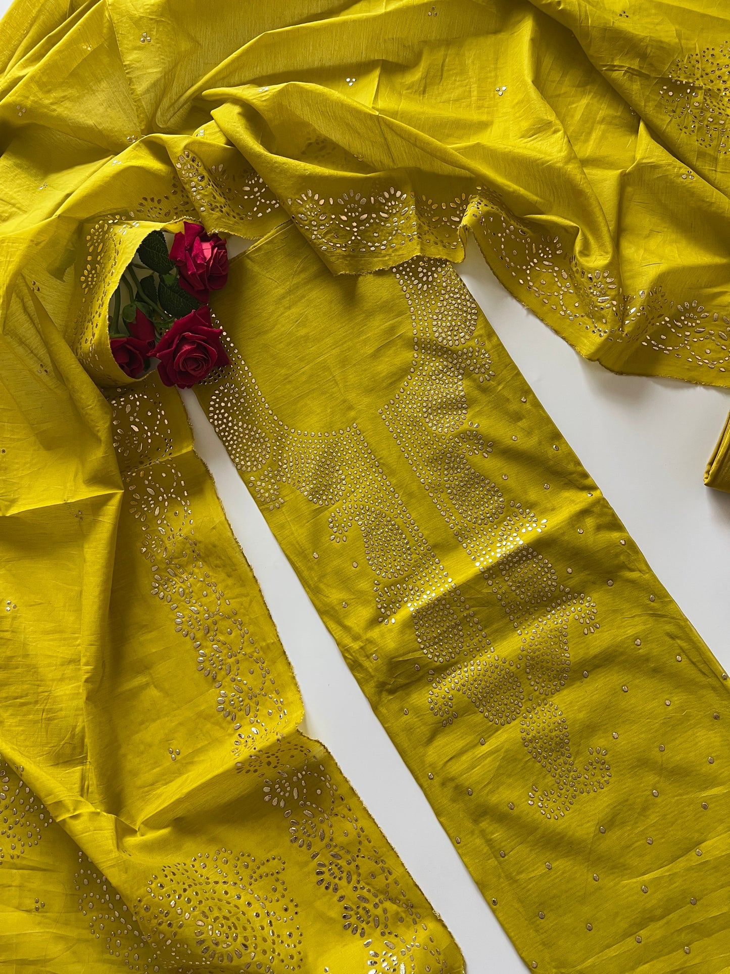 Yellow Mul Chanderi dress material with mukaish -Paisley