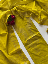 Yellow Mul Chanderi dress material with mukaish -Paisley