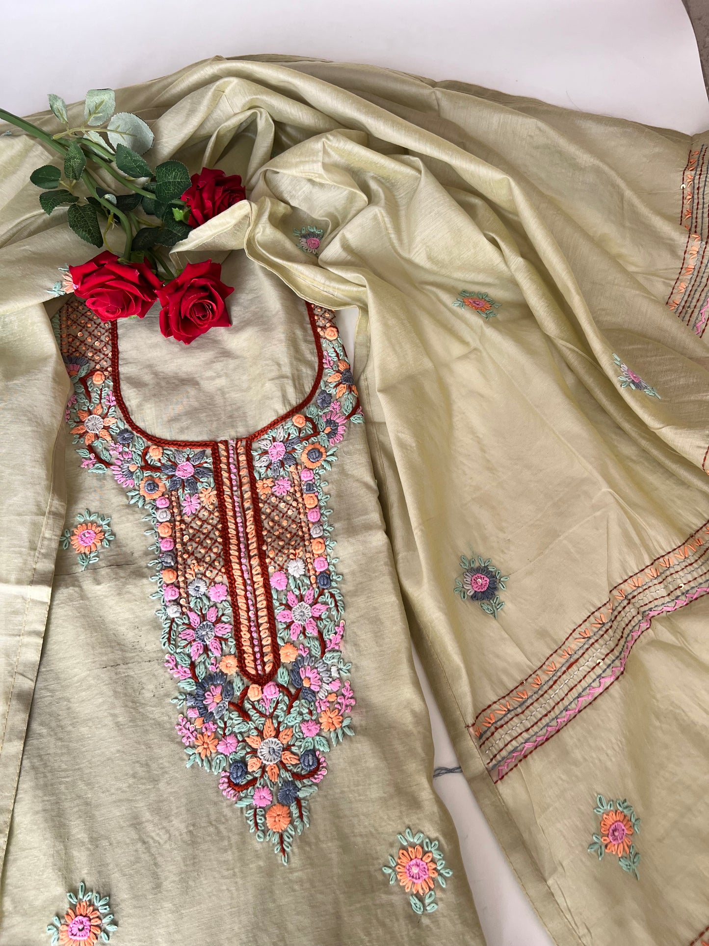 Pista Green Chanderi embroidered kurta dupatta set