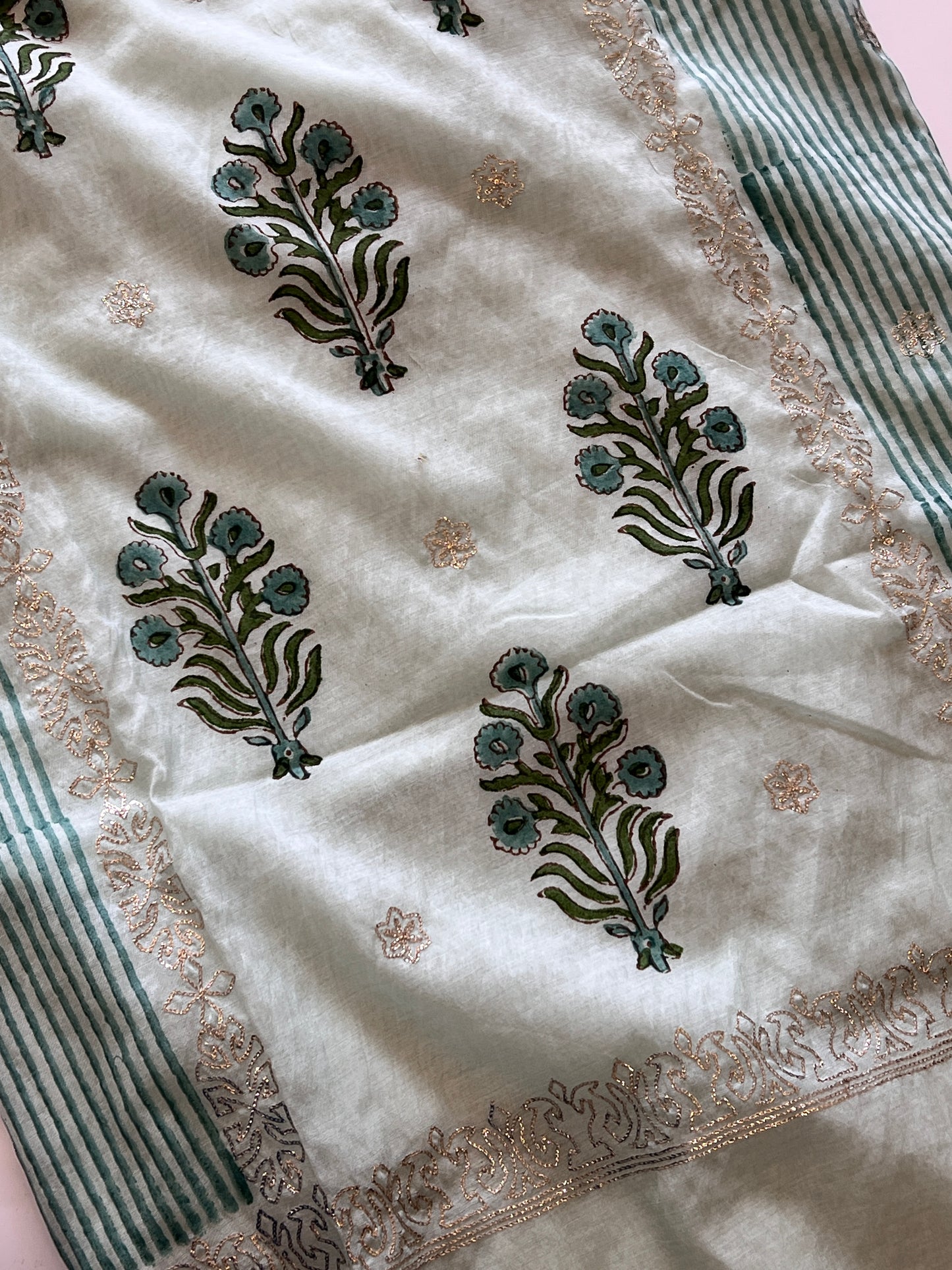 Blue Block print and pitta work on Mul Chanderi dunstitched Suit set