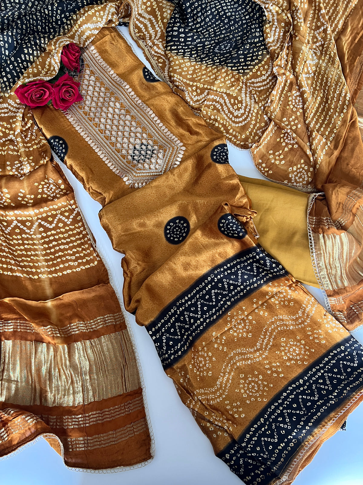 Gold Gajji Silk With gotta work neck Unstitched suit