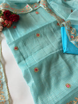 Blue Kotta with gotta embroidered kurta dupatta set Unstitched