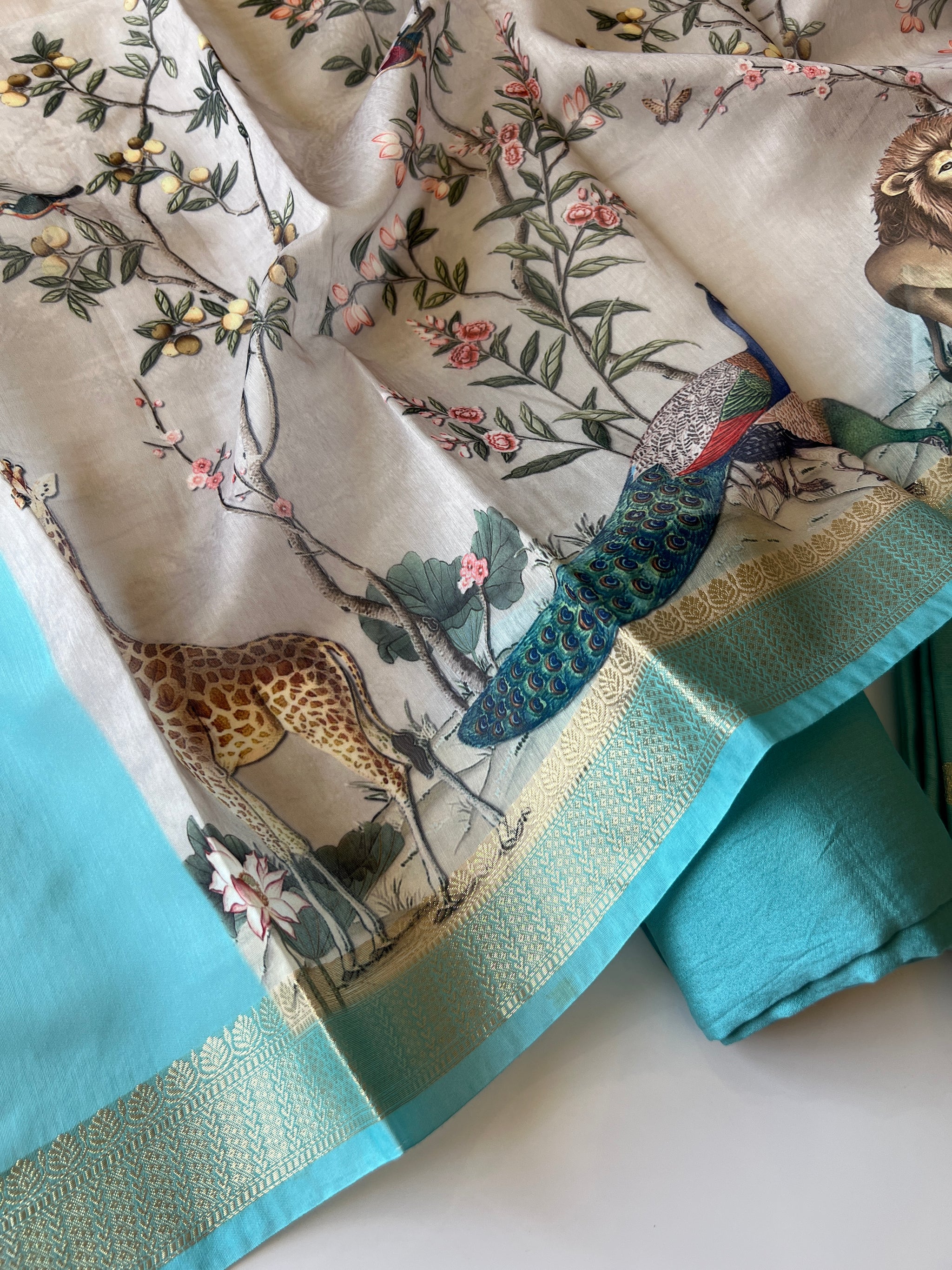 Shikargah printed Dupatta with Chanderi kurta Unstitched suit material