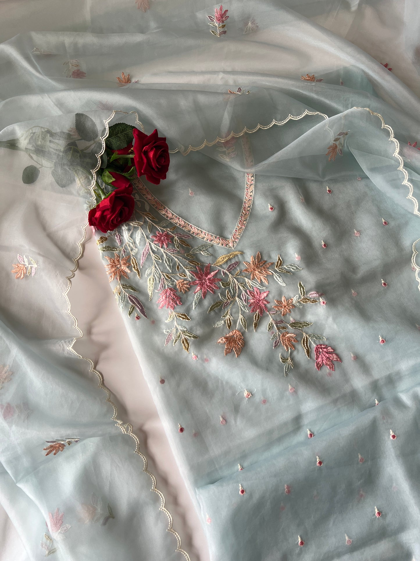 Blue thread Embroidery unstitched suit