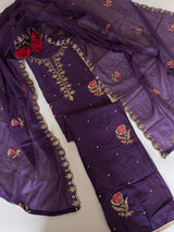 Purple Pitta with thread work on Mul Chanderi dress material - Unstitched Suit set