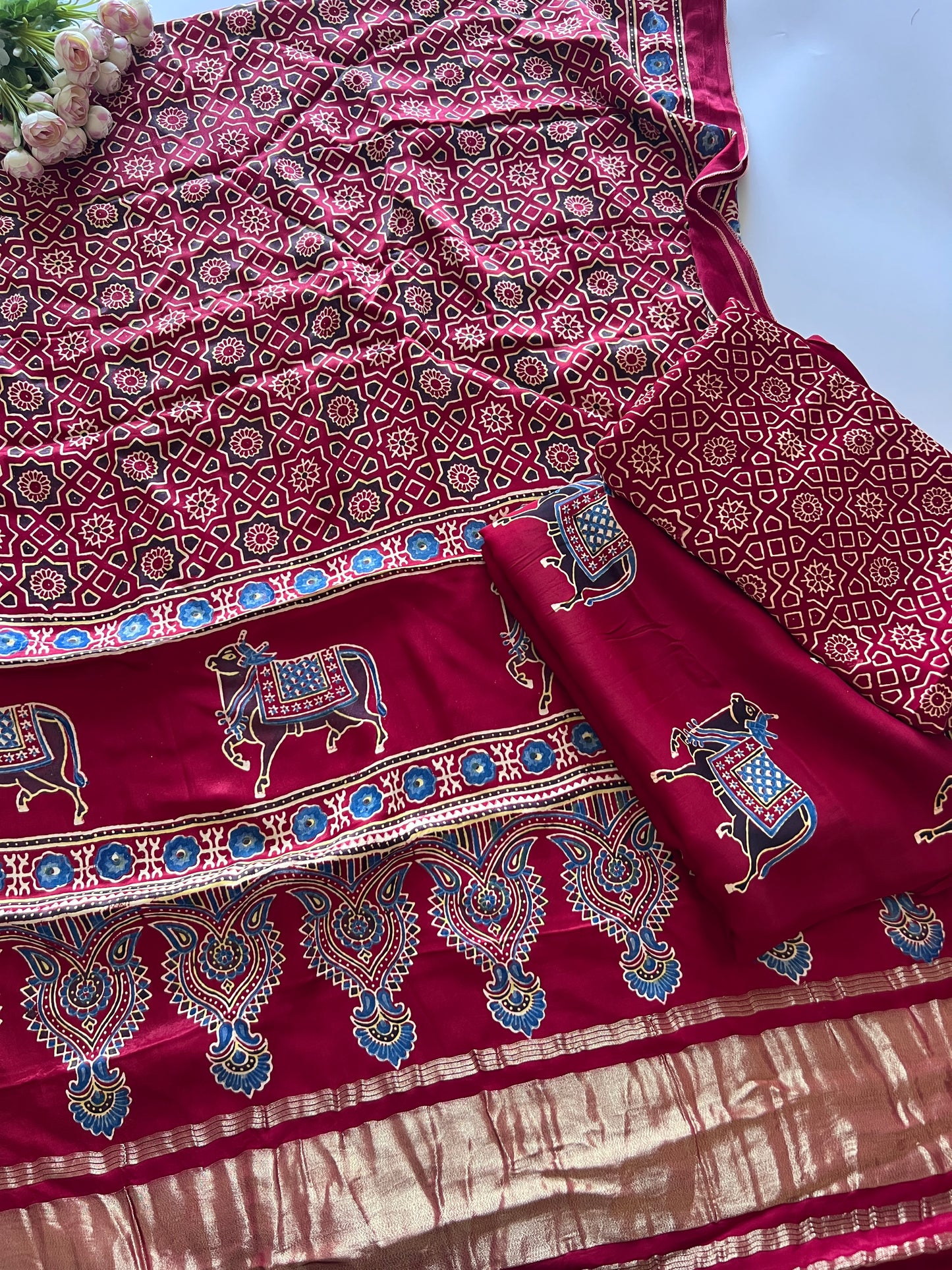 Maroon Ajrakh Handblock print 3 pc fabric Unstitched suit set