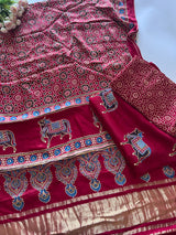Maroon Ajrakh Handblock print 3 pc fabric Unstitched suit set