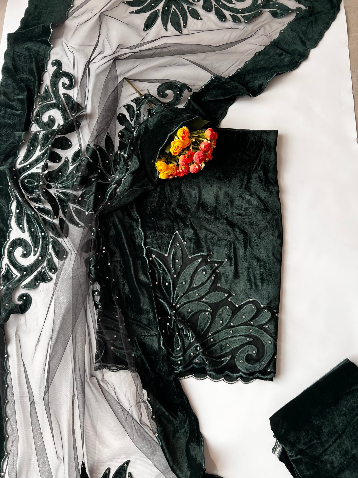 Green color Velvet cut work designer party wear unstitched suit set