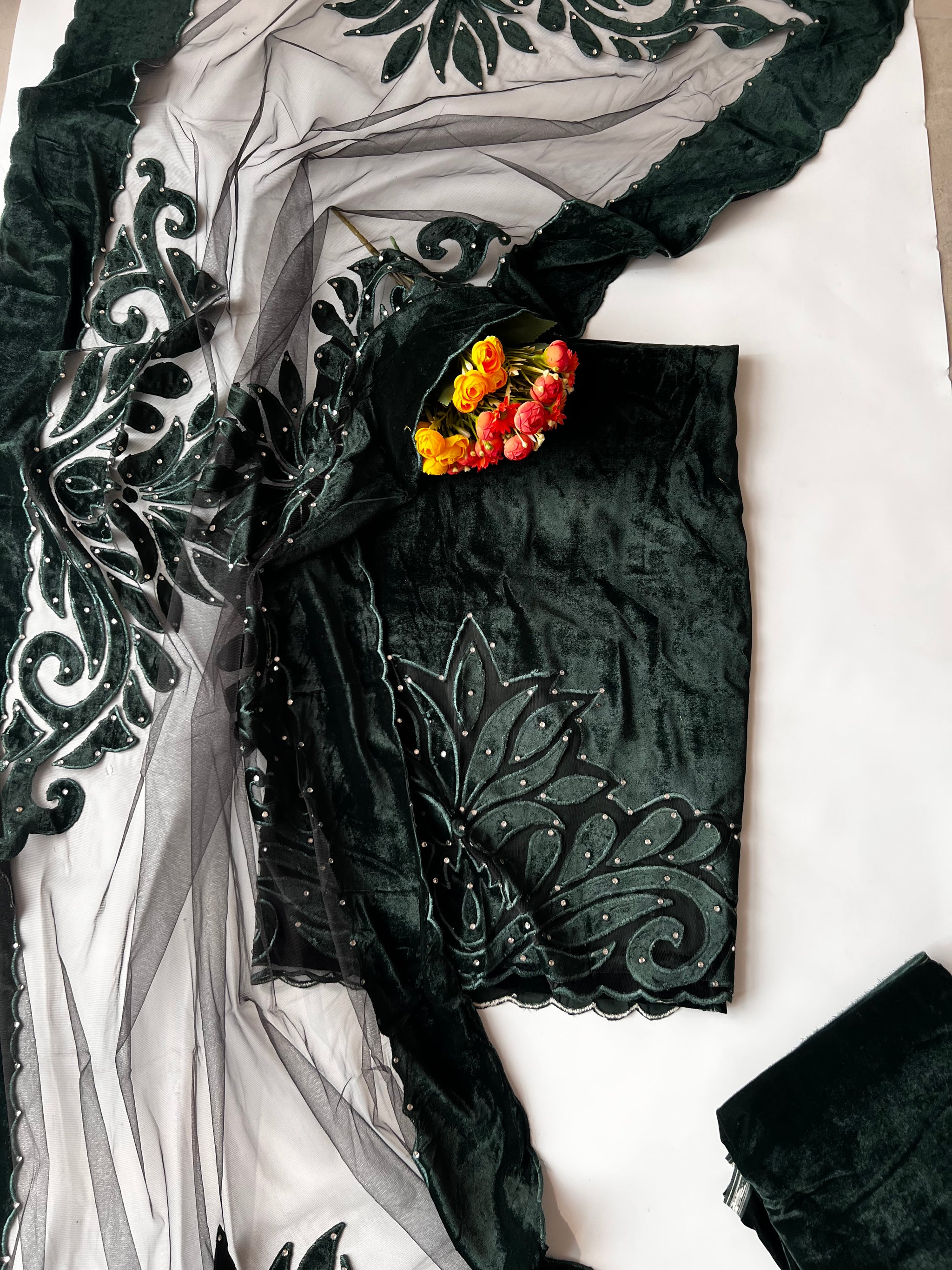 Green color Velvet cut work designer party wear unstitched suit set
