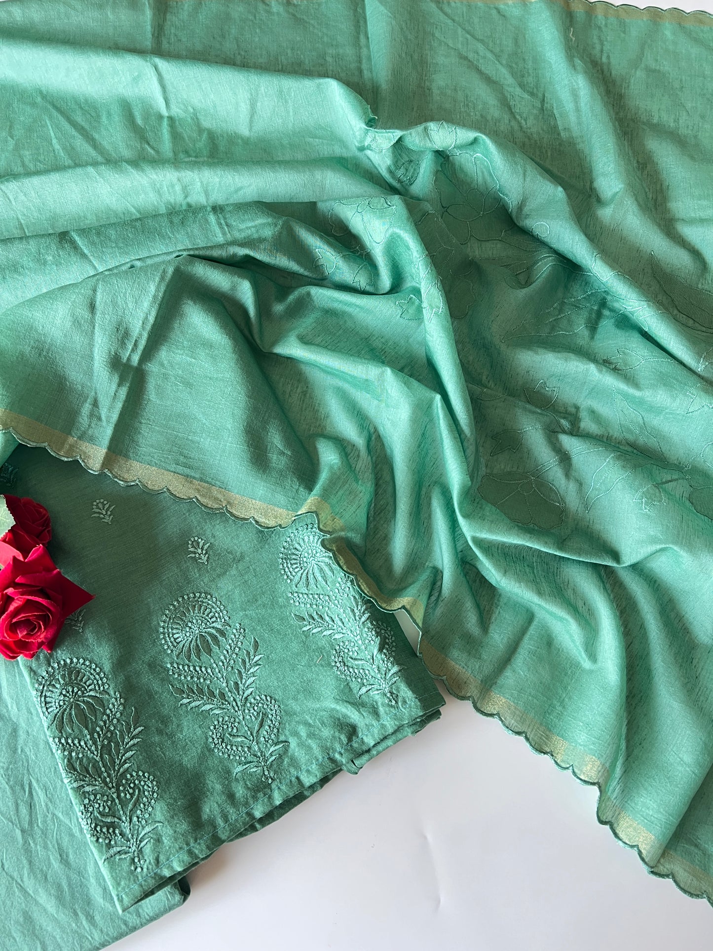 Green Pure Chanderi patchwork Embroidery scallop unstitched suit