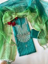 Green soft Organza crepe with Pitta work and bandej
